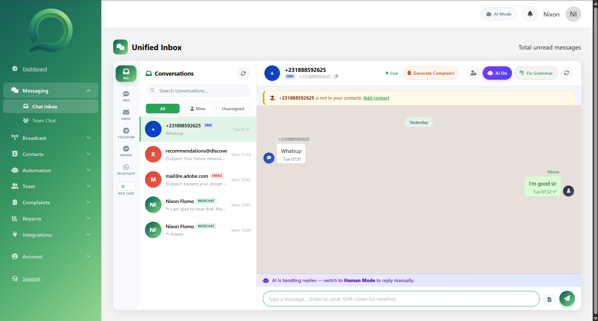 Unified inbox with SMS, Email, WhatsApp and Web Chat conversations, AI On and Fix Grammar controls